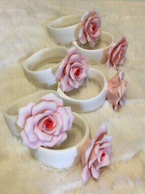 Set of 6 Porcelain Bisque Pink Rose Napkin Rings | Shabby Chic Floral White Hold